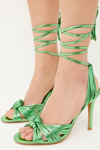 KAREN MILLEN Leather Strappy Knot Detail Heels / metallic green ankle tie occasion shoes / shiny summer occasion sandals