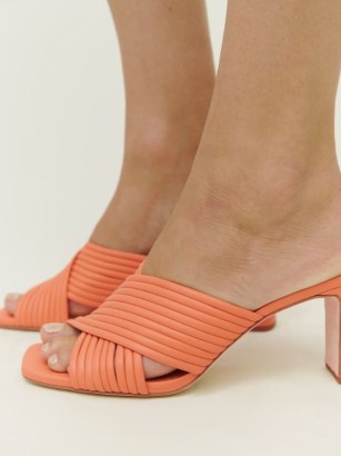 REFORMATION Lila Tubular Heeled Sandal in Papaya ~ orange crisscross front sandals ~ slim block heel square toe summer mules ~ open toe occasion shoes - flipped