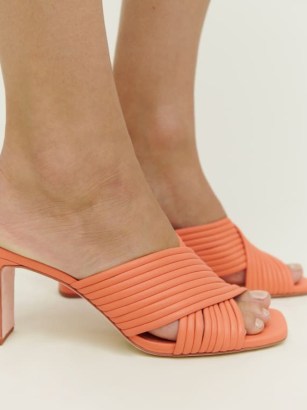 REFORMATION Lila Tubular Heeled Sandal in Papaya ~ orange crisscross front sandals ~ slim block heel square toe summer mules ~ open toe occasion shoes