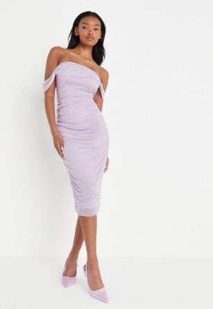 MISSGUIDED lilac mesh drape front ruched bardot midi dress ~ fitted off the shoulder going out dresses ~ glamorous date night fashion - flipped