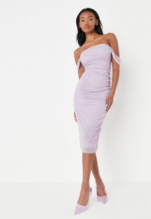 MISSGUIDED lilac mesh drape front ruched bardot midi dress ~ fitted off the shoulder going out dresses ~ glamorous date night fashion