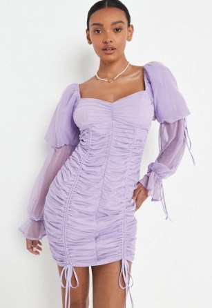 Missguided lilac mesh puff sleeve ruched mini dress ~ sweetheart neckline evening dresses - flipped