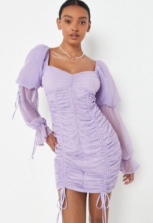 Missguided lilac mesh puff sleeve ruched mini dress ~ sweetheart neckline evening dresses