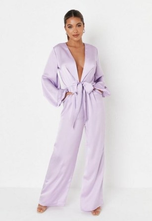 MISSGUIDED lilac satin wide leg tie front jumpsuit – slinky luxe style evening jumpsuits – plunge front going out fashion - flipped