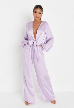 MISSGUIDED lilac satin wide leg tie front jumpsuit – slinky luxe style evening jumpsuits – plunge front going out fashion