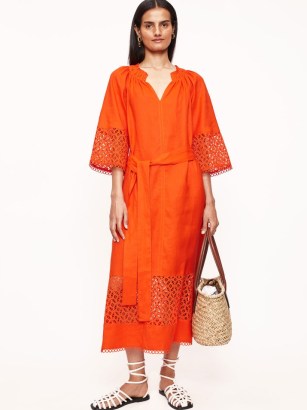 JIGSAW Lillia Broderie Midi Dress Orange – vibrant tie waist summer dresses - flipped