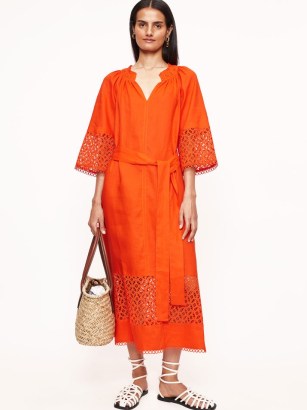 JIGSAW Lillia Broderie Midi Dress Orange – vibrant tie waist summer dresses