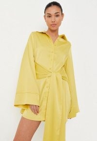 Missguided lime tie waist flared sleeve satin shirt dress ~ flared sleeve button front going out dresses