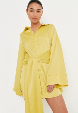 Missguided lime tie waist flared sleeve satin shirt dress ~ flared sleeve button front going out dresses - flipped