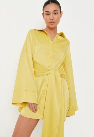 Missguided lime tie waist flared sleeve satin shirt dress ~ flared sleeve button front going out dresses