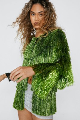 NASTY GAL Longline Tinsel Fringe Jacket Green – women’s fringed jackets – ideas for festival fashion – womens retro style clothes – 70s glam rock inspired clothing