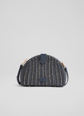 L.K. BENNETT Loretta Navy Cane Shoulder Bag ~ dark blue woven half moon shaped clutch ~ chic reto look summer bags