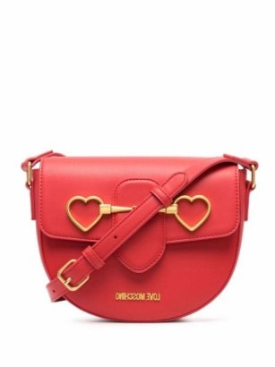 Love Moschino heart-plaque crossbody bag – red saddle bags – designer cross body with gold-tone hardware hearts – FARFETCH handbags - flipped