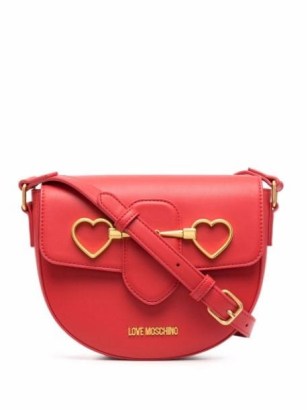 Love Moschino heart-plaque crossbody bag – red saddle bags – designer cross body with gold-tone hardware hearts – FARFETCH handbags