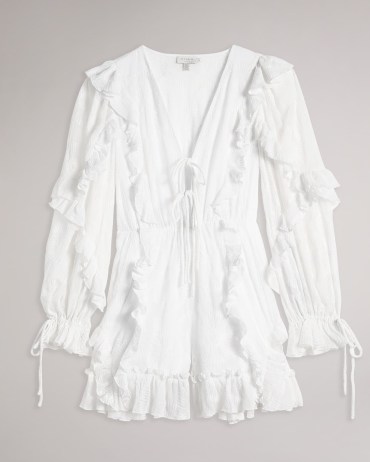 TED BAKER Lussa Puffball Sleeve Playsuit | white romantic ruffled tie detail playsuits | romance inspired fashion