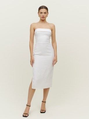 REFORMATION Marcella Linen Dress in White – strapless side split hem midi dresses – bandeau style summer occasion clothes - flipped