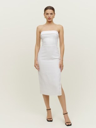 REFORMATION Marcella Linen Dress in White – strapless side split hem midi dresses – bandeau style summer occasion clothes