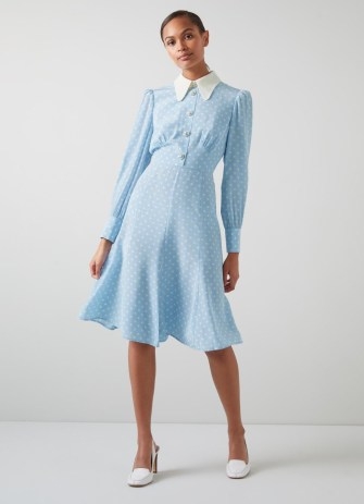 L.K. BENNETT Mathilde Blue & White Polka Dot Silk Tea Dress / feminine spot print vintage style dresses / chic retro look - flipped