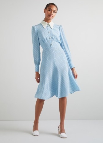 L.K. BENNETT Mathilde Blue & White Polka Dot Silk Tea Dress / feminine spot print vintage style dresses / chic retro look