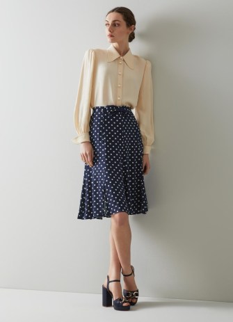 L.K. BENNETT Mathilde Navy Cream Polka Dot Skirt / dark blue spot print skirts / chic retro outfit / polished vintage look