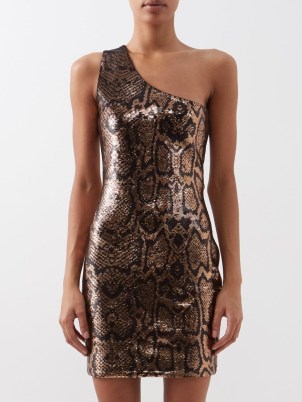BALENCIAGA One-shoulder snake-sequinned mini dress | black and gold sequin covered occasion dresses | luxe party clothes | high octane glamour