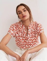 Boden Metallic Ruched Detail Blouse Chili Oil Poppy Geo / feminine ruffled floral print blouses / pretty cotton summer tops