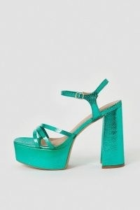 KAREN MILLEN Metallic Strappy Platform / shiny green block heel platforms / glamorous retro sandals / chunky vintage style high block heels