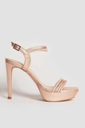 KAREN MILLEN Metallic Strappy Platform Sandals Rose Gold / 70s style evening platforms / shiny retro party shoes - flipped