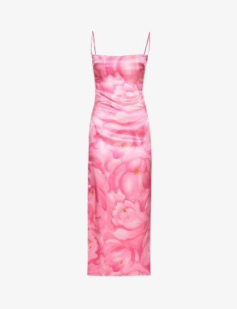 MIRROR PALAIS Abstract-print low-back silk midi dress Pink Tulip ~ floral spaghetti strap evening dresses ~ strappy back party fashion ~ womens glamorous occasion clothes ~ women’s high side split hem event clothing ~ Selfridges - flipped