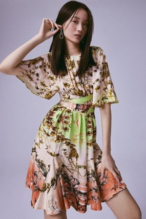 KAREN MILLEN Mirrored Tulipa Print Woven Satin Mini Dress / floral flutter sleeve occasion dresses / botanical prints / RUI JIANG x KM collaboration / feminine and floaty summer event clothes - flipped