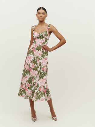 Reformation Nadira Dress in Canopy / tropical bird and floral print midi dresses / shoulder tie detail summer fashion / sweetheart neckline - flipped