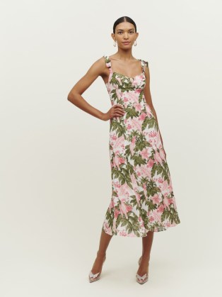 Reformation Nadira Dress in Canopy / tropical bird and floral print midi dresses / shoulder tie detail summer fashion / sweetheart neckline