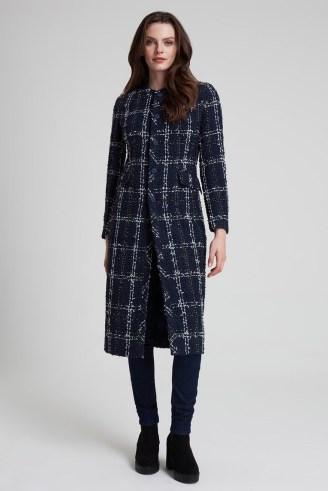 LALAGE BEAUMONT Chloe Navy/White Check Tweed Coat / women’s elegant dark blue checked coats - flipped