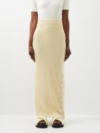 JIL SANDER Ring-stud ribbed linen-blend maxi skirt | cream long length knitted column skirts | back split