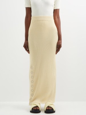 JIL SANDER Ring-stud ribbed linen-blend maxi skirt | cream long length knitted column skirts | back split - flipped
