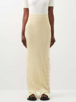 JIL SANDER Ring-stud ribbed linen-blend maxi skirt | cream long length knitted column skirts | back split