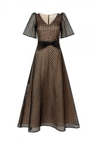 Jane Atelier NOUVEAU LATTICE LACE GOWN ~ chic black vintage style occasion dresses ~ women’s luxe event wear ~ womens luxury occasionwear ~ elegant semi sheer overlay fit and flare ~ feminine retro inspired organza clothes