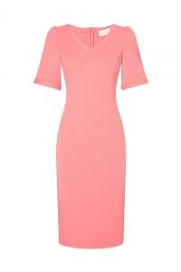 Jane Atelier OCTAVIA JERSEY PENCIL DRESS ~ short sleeve coral pink V-neck dresses ~ women’s classic style clothes