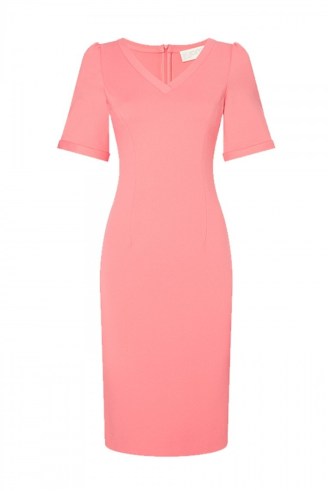 Jane Atelier OCTAVIA JERSEY PENCIL DRESS ~ short sleeve coral pink V-neck dresses ~ women’s classic style clothes