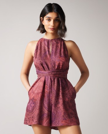 TED BAKER Odesia Halterneck Wrap Playsuit Dark Red / sleeveless floral print playsuits - flipped