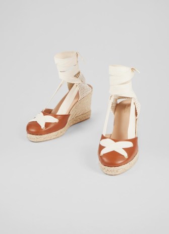 L.K. BENNETT Ophelia Tan Leather Crossover Strap Espadrilles ~ summer wedges - flipped