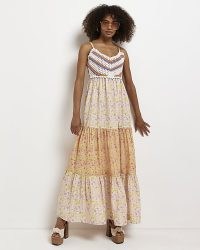 River Island ORANGE FLORAL CROCHET MAXI DRESS – sleeveless tiered hem dresses – mixed print summer fashion
