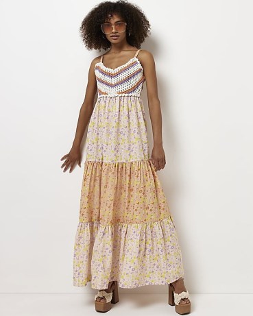 River Island ORANGE FLORAL CROCHET MAXI DRESS – sleeveless tiered hem dresses – mixed print summer fashion - flipped