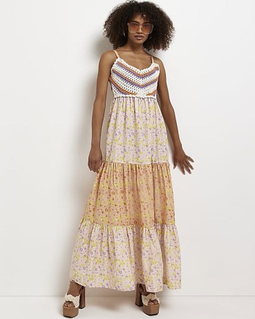 River Island ORANGE FLORAL CROCHET MAXI DRESS – sleeveless tiered hem dresses – mixed print summer fashion
