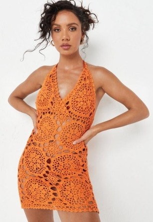 Missguided orange floral halterneck crochet knit mini dress | knitted retro inspired halter neck dresses - flipped