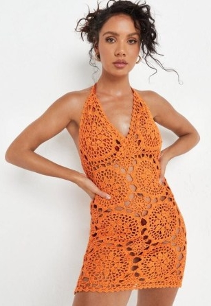 Missguided orange floral halterneck crochet knit mini dress | knitted retro inspired halter neck dresses