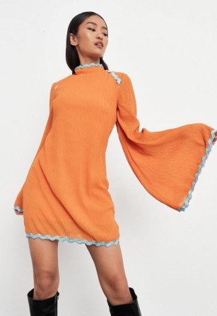 MISSGUIDED orange high neck crinkle mini dress / bright flared sleeved retro dresses - flipped
