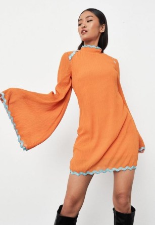 MISSGUIDED orange high neck crinkle mini dress / bright flared sleeved retro dresses