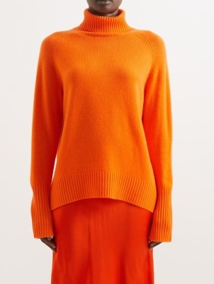 LEE MATHEWS Slit-cuff cashmere roll-neck sweater / vivid orange relaxed fit sweaters / women’s bright high neck jumpers