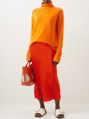 LEE MATHEWS Stella silk-satin midi skirt / vibrant orange fluid fabric skirts / women’s minimalist clothes - flipped